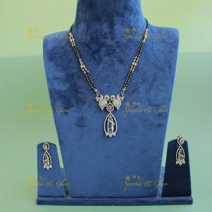 Elegant Parrot design oval stone pendant black beads necklace, mangalsutra - mint green - Sparkle and Glow