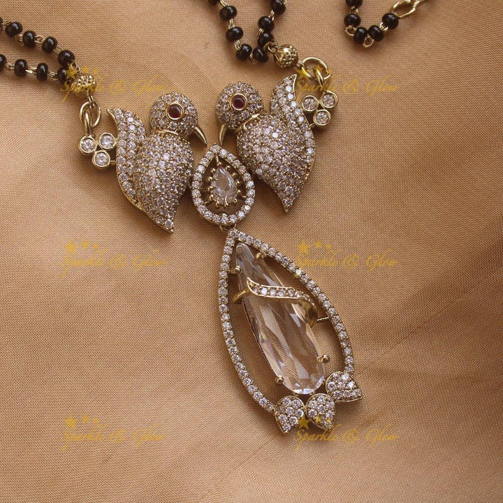Elegant Parrot design oval stone pendant black beads necklace, mangalsutra - mint green - Sparkle and Glow