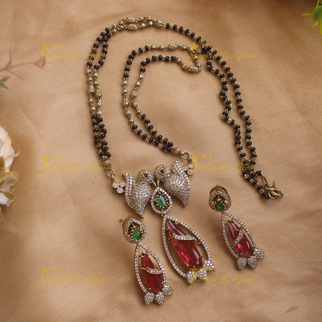 Elegant Parrot design oval stone pendant black beads necklace, mangalsutra - mint green - Sparkle and Glow