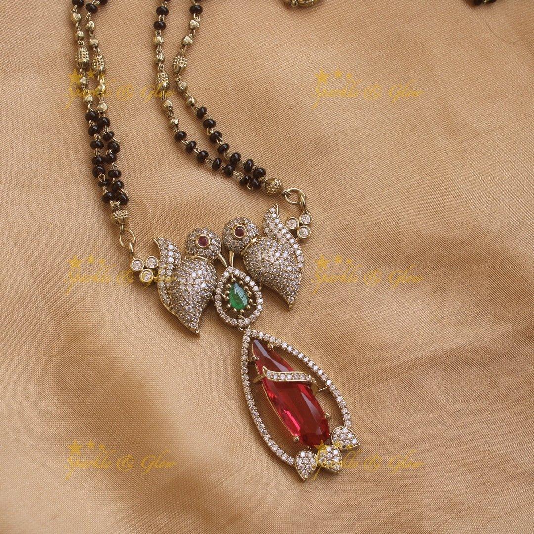 Elegant Parrot design oval stone pendant black beads necklace, mangalsutra - mint green - Sparkle and Glow