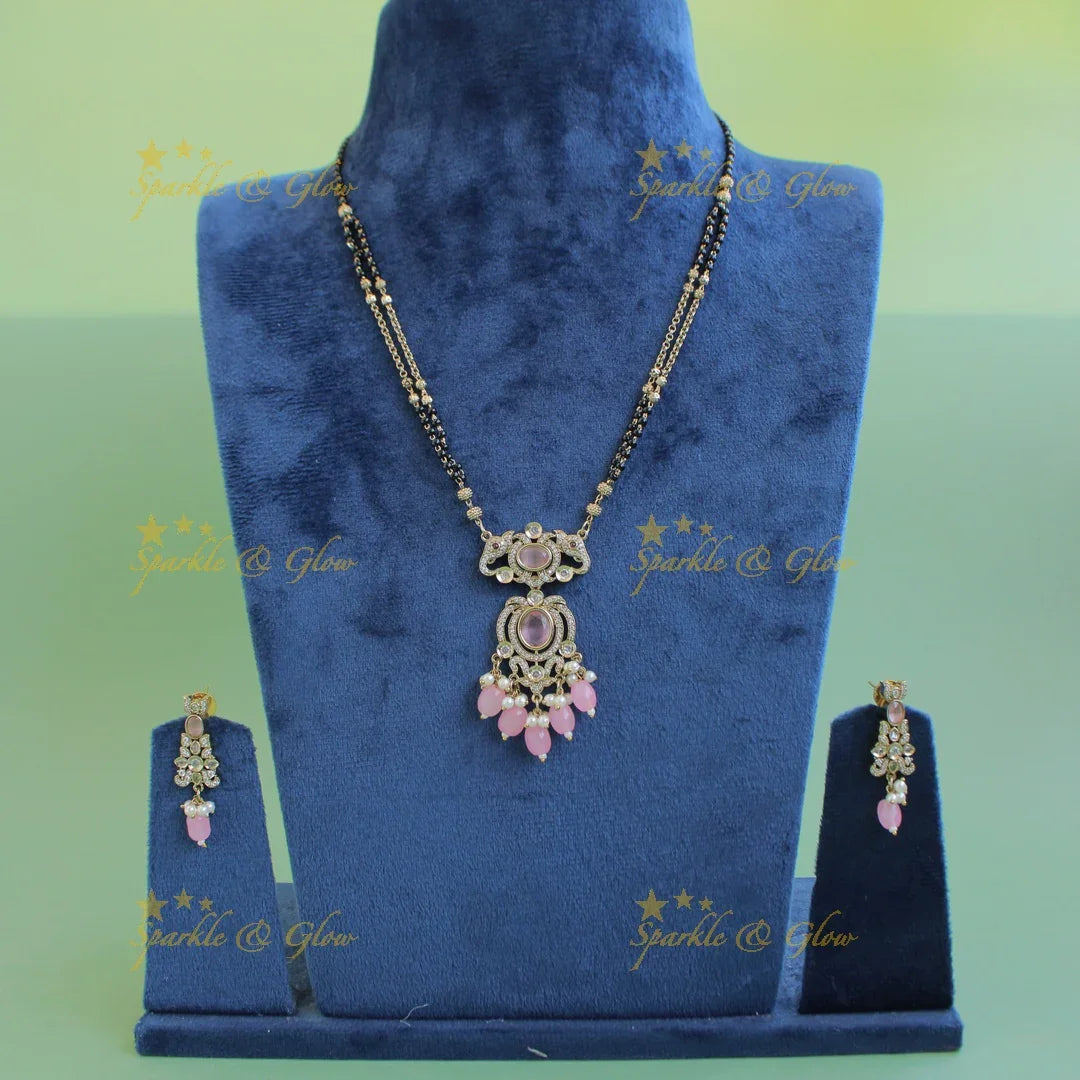Stunning Elephant floral design pendant black beads necklace, mangalsutra with stone and baby pink beads - Sparkle and Glow