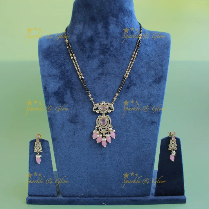 Stunning Elephant floral design pendant black beads necklace, mangalsutra with stone and baby pink beads - Sparkle and Glow