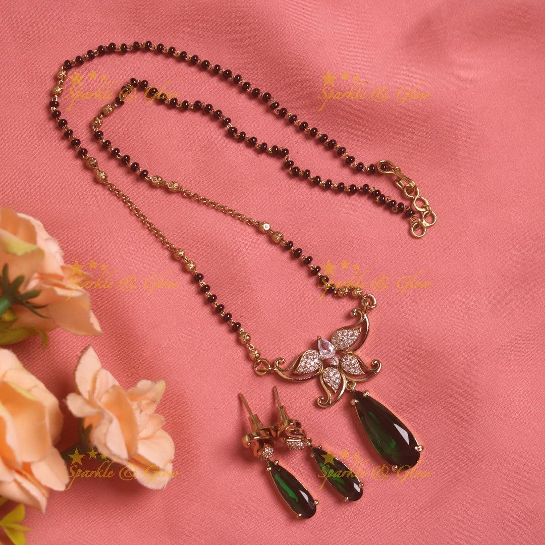 Stunning Floral leaf design oval stone pendant black beads necklace, mangalsutra - green - Sparkle and Glow