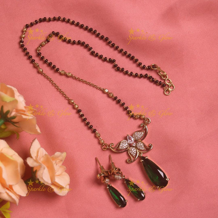 Stunning Floral leaf design oval stone pendant black beads necklace, mangalsutra - green - Sparkle and Glow