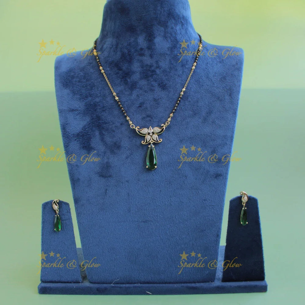 Stunning Floral leaf design oval stone pendant black beads necklace, mangalsutra - green - Sparkle and Glow