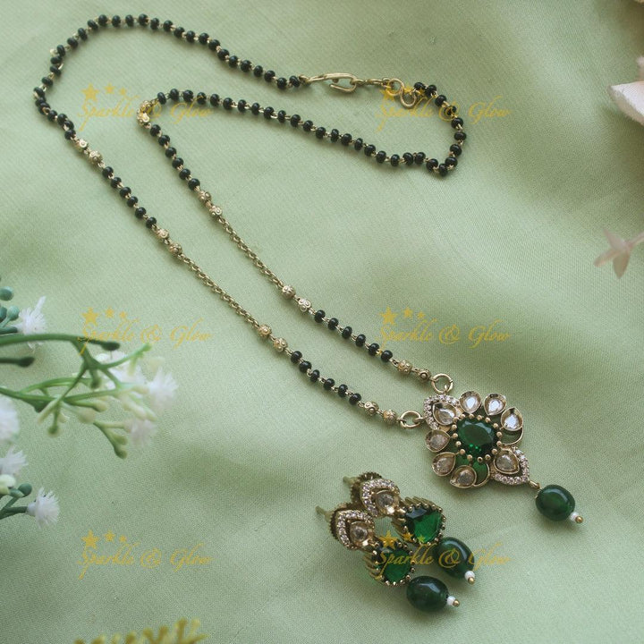 Beautiful Floral design pendant black beads necklace, mangalsutra with maroon beads and stones - Sparkle and Glow
