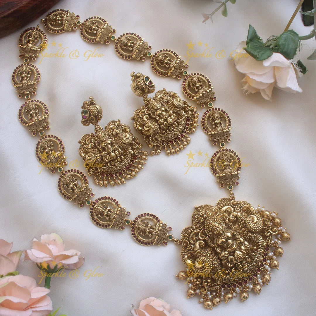 Beautiful Gold alike Lakshmi carved long necklace with ruby emerald and gold beads - Sparkle and Glow