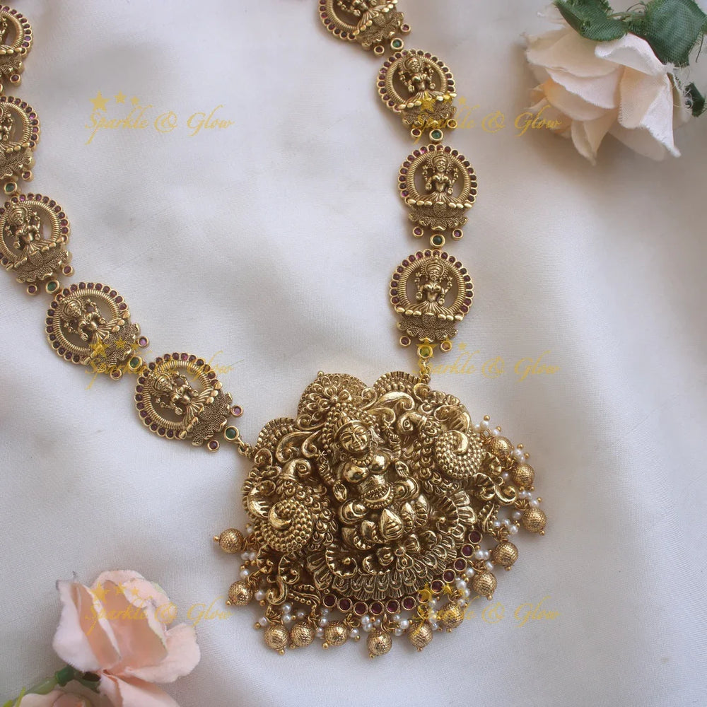 Beautiful Gold alike Lakshmi carved long necklace with ruby emerald and gold beads - Sparkle and Glow