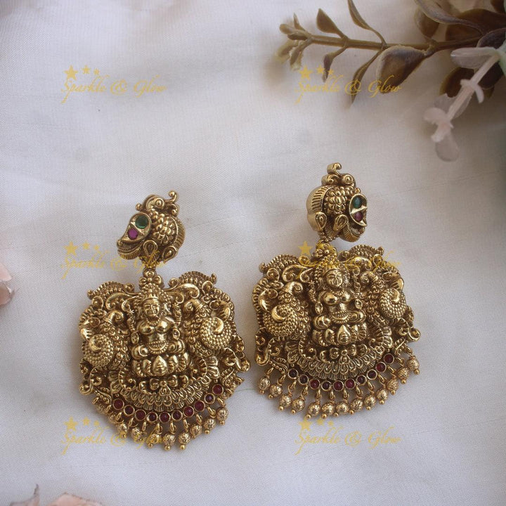 Beautiful Gold alike Lakshmi carved long necklace with ruby emerald and gold beads - Sparkle and Glow