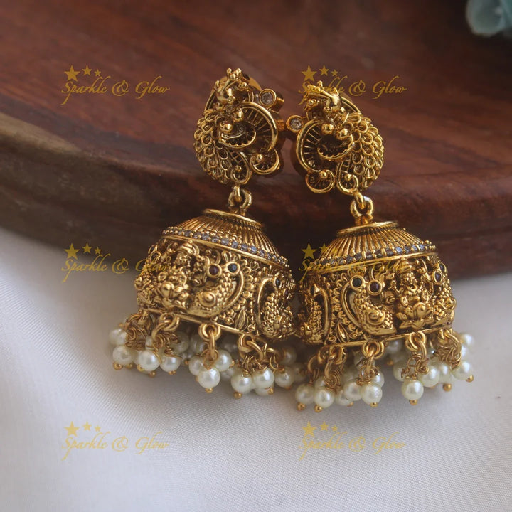 Statement Lakshmi peacock carved long necklace with ruby emerald CZ stones pearls and gold beads - Sparkle and Glow