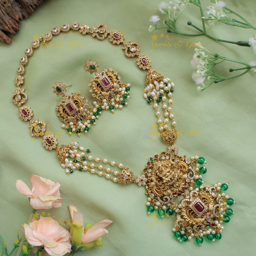 Grand intricate Lakshmi peacock carved long necklace with ruby emerald white stones pearls and green beads - Sparkle and Glow