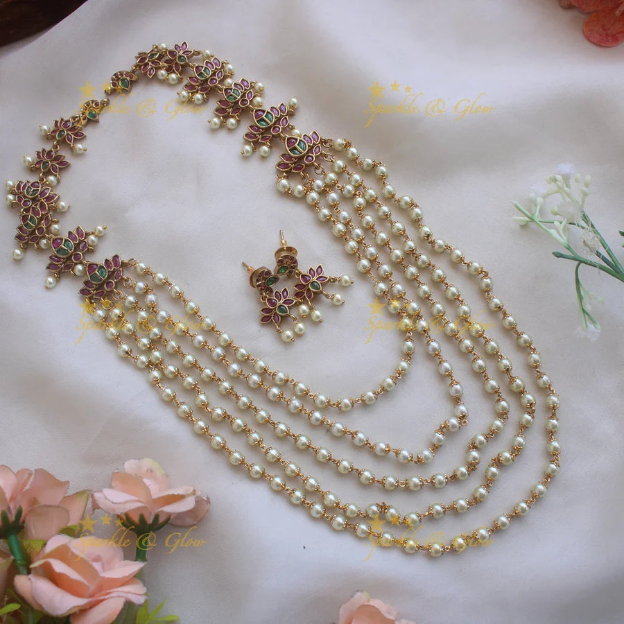 Grand Lotus design multi layer pearl haram with ruby and emerald stones - Sparkle and Glow