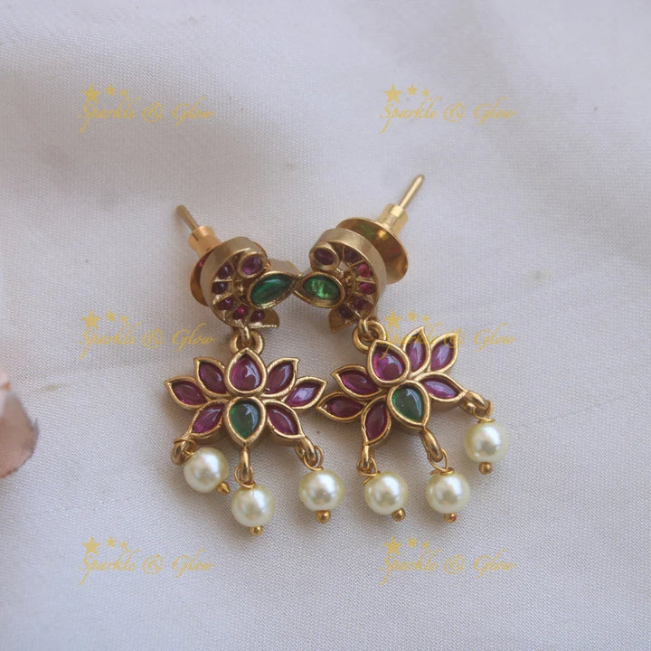 Grand Lotus design multi layer pearl haram with ruby and emerald stones - Sparkle and Glow