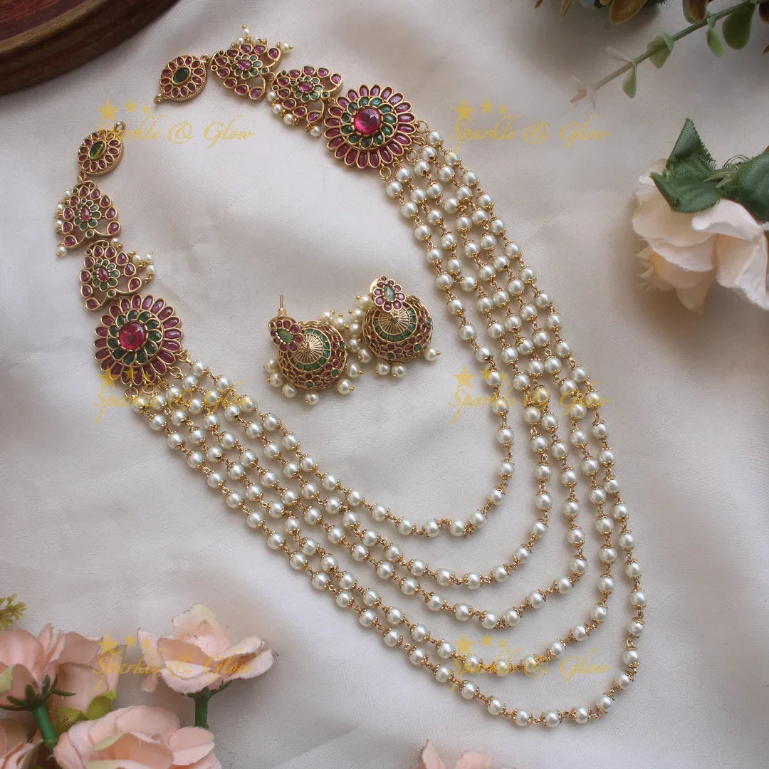 Gorgeous Floral design multi layer pearl haram with ruby and emerald stones - Sparkle and Glow