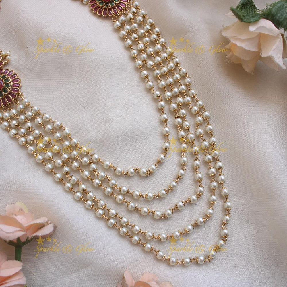 Gorgeous Floral design multi layer pearl haram with ruby and emerald stones - Sparkle and Glow