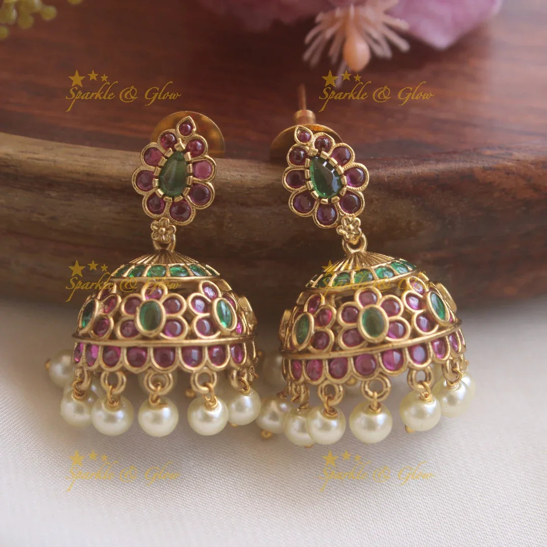 Gorgeous Floral design multi layer pearl haram with ruby and emerald stones - Sparkle and Glow