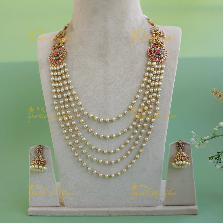 Gorgeous Floral design multi layer pearl haram with ruby and emerald stones - Sparkle and Glow