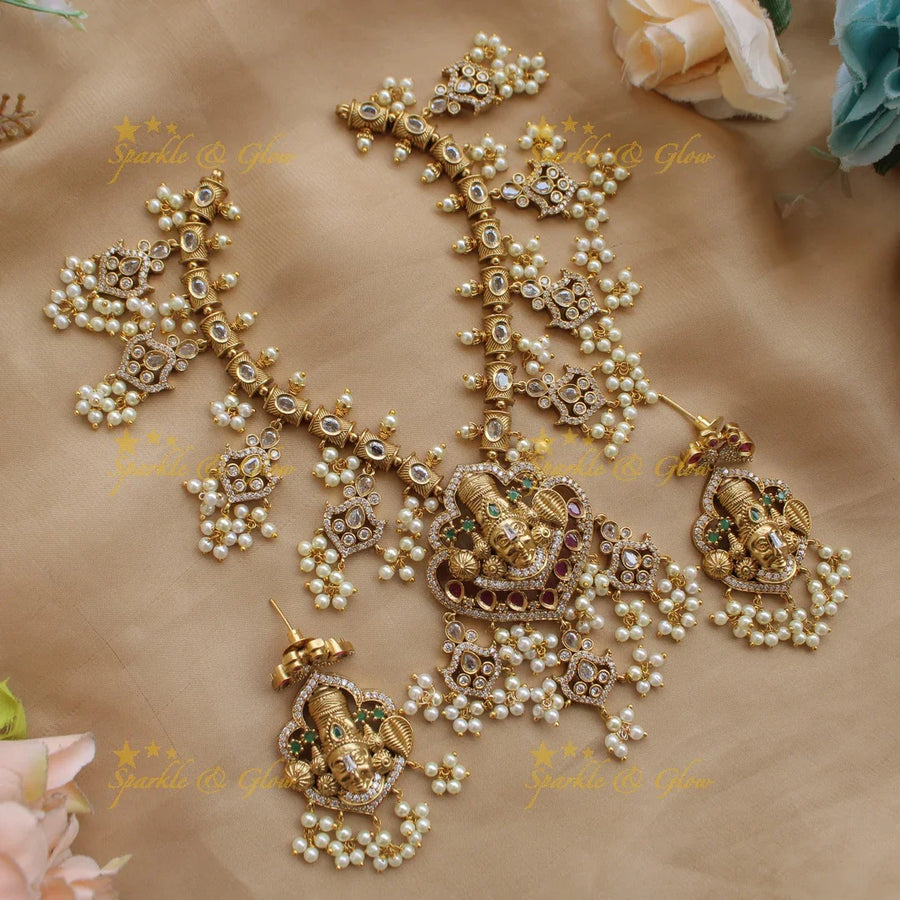 Statement Premium Matt Balaji carved gutta pusalu short necklace with multi colour stones - Sparkle and Glow