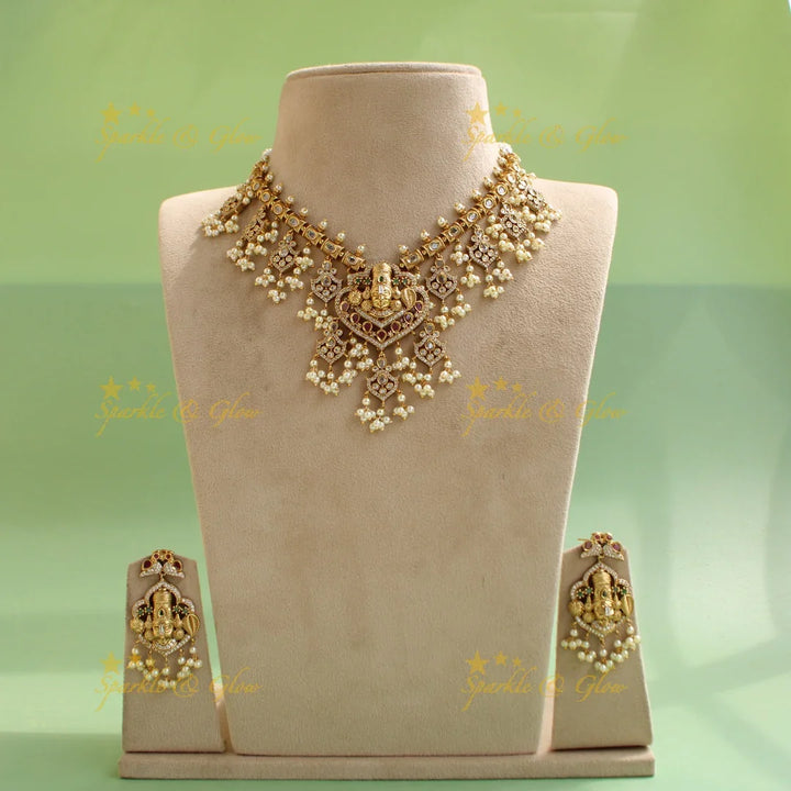 Statement Premium Matt Balaji carved gutta pusalu short necklace with multi colour stones - Sparkle and Glow