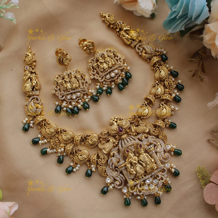 Exclusive Premium Matt Radha krishna peacock carved short necklace with CZ stones and green beads - Sparkle and Glow