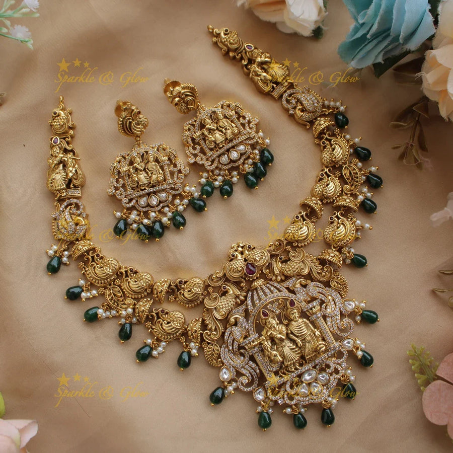 Exclusive Premium Matt Radha krishna peacock carved short necklace with CZ stones and green beads - Sparkle and Glow