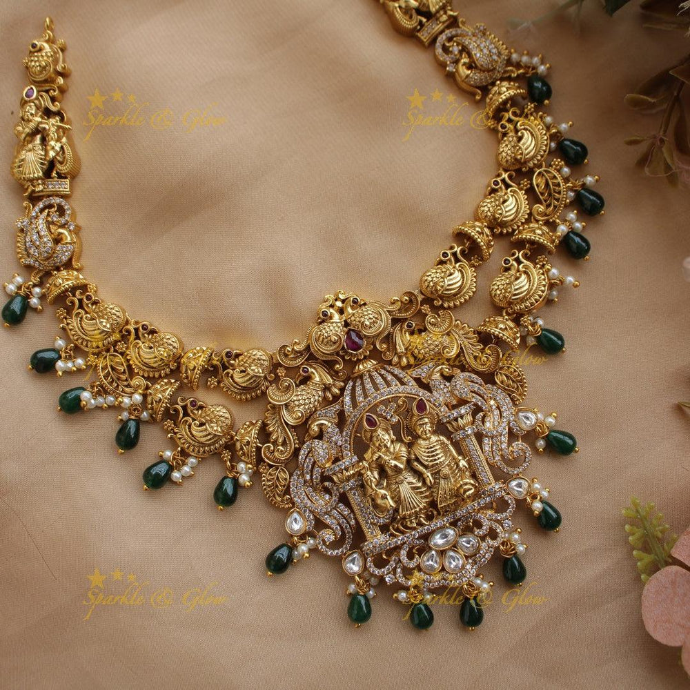 Exclusive Premium Matt Radha krishna peacock carved short necklace with CZ stones and green beads - Sparkle and Glow
