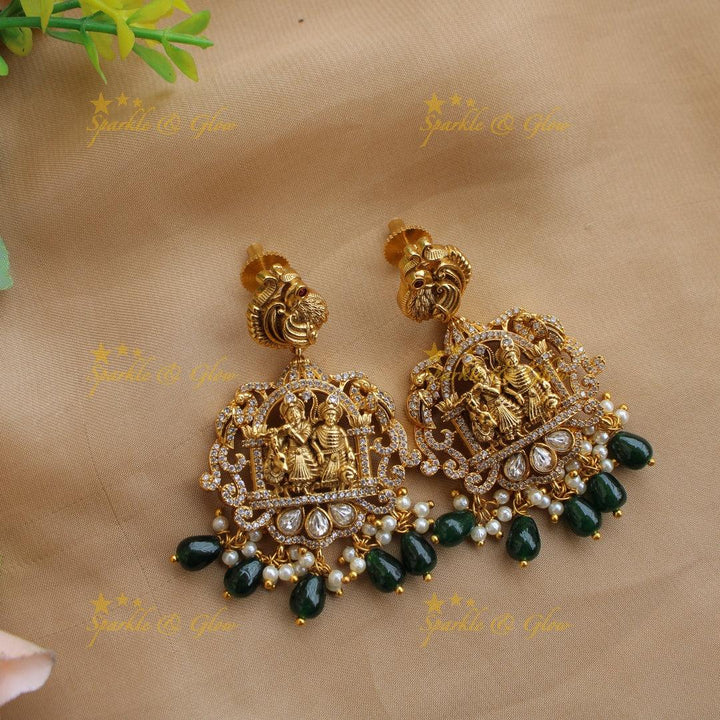 Exclusive Premium Matt Radha krishna peacock carved short necklace with CZ stones and green beads - Sparkle and Glow