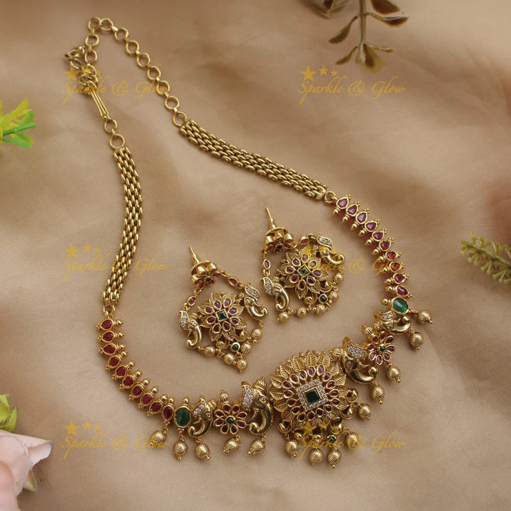 Statement Elephant Floral leaf design choker with ruby emerald and gold beads - Sparkle and Glow