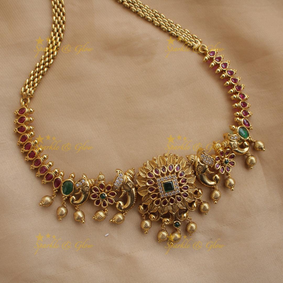 Statement Elephant Floral leaf design choker with ruby emerald and gold beads - Sparkle and Glow