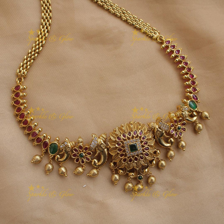 Statement Elephant Floral leaf design choker with ruby emerald and gold beads - Sparkle and Glow