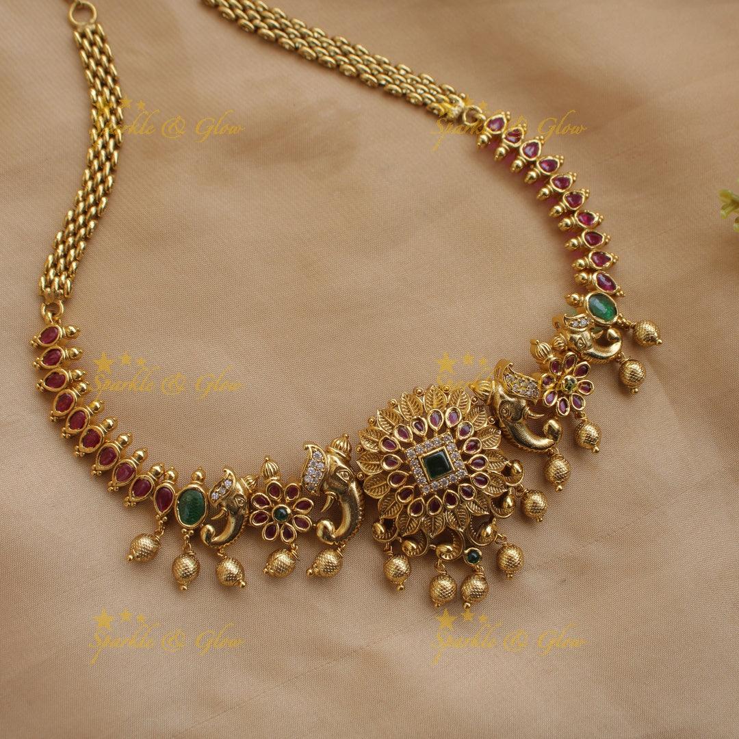Statement Elephant Floral leaf design choker with ruby emerald and gold beads - Sparkle and Glow