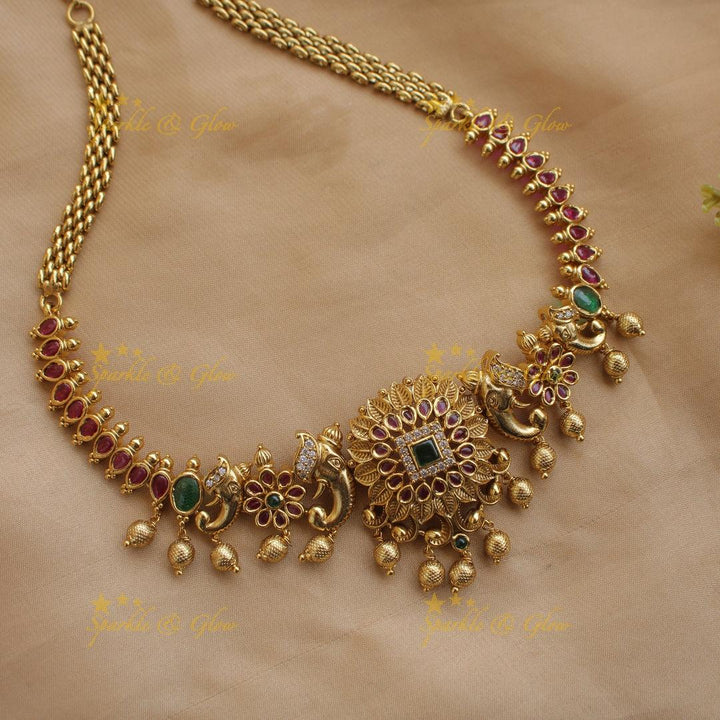 Statement Elephant Floral leaf design choker with ruby emerald and gold beads - Sparkle and Glow