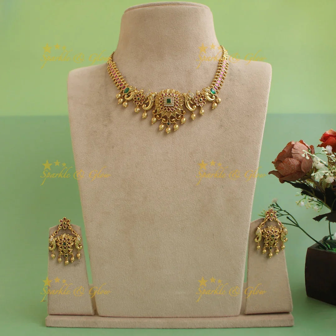 Statement Elephant Floral leaf design choker with ruby emerald and gold beads - Sparkle and Glow