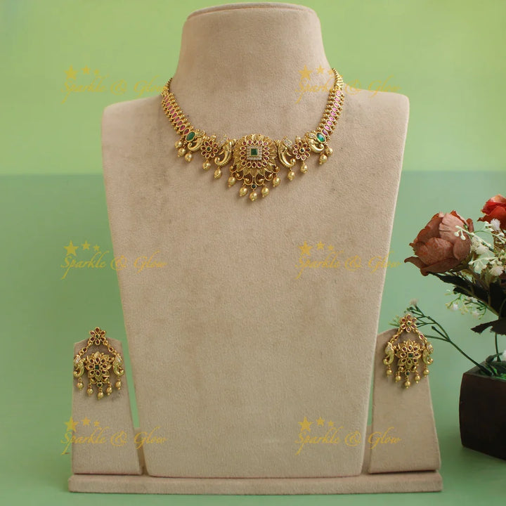 Statement Elephant Floral leaf design choker with ruby emerald and gold beads - Sparkle and Glow