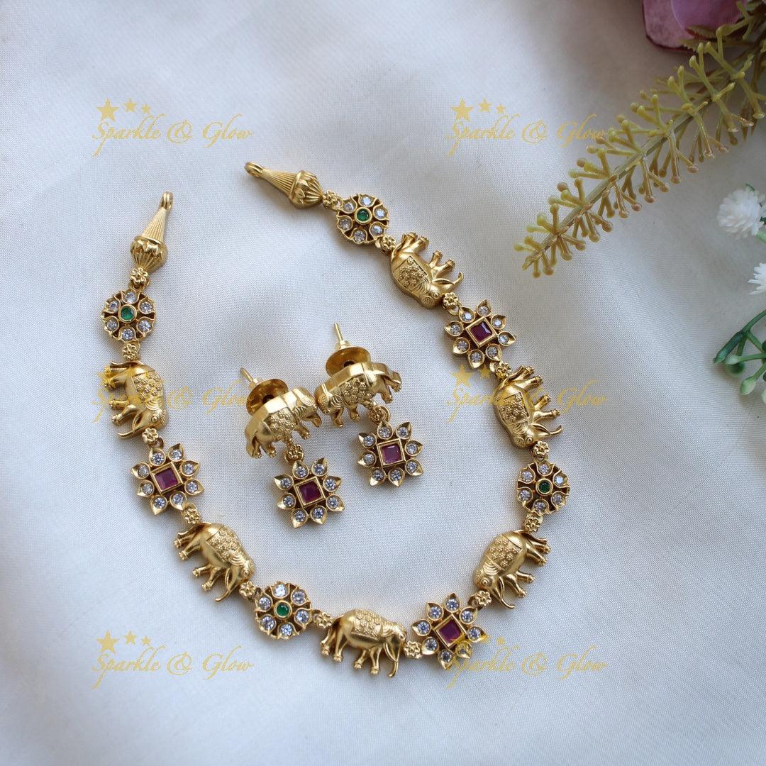Elegant Premium Matt Elephant floral design short necklace with multi colour stones - Sparkle and Glow