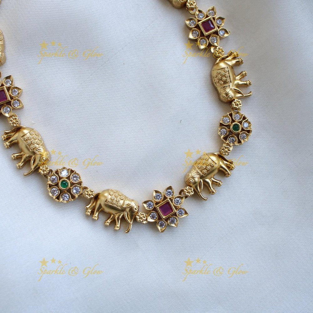 Elegant Premium Matt Elephant floral design short necklace with multi colour stones - Sparkle and Glow