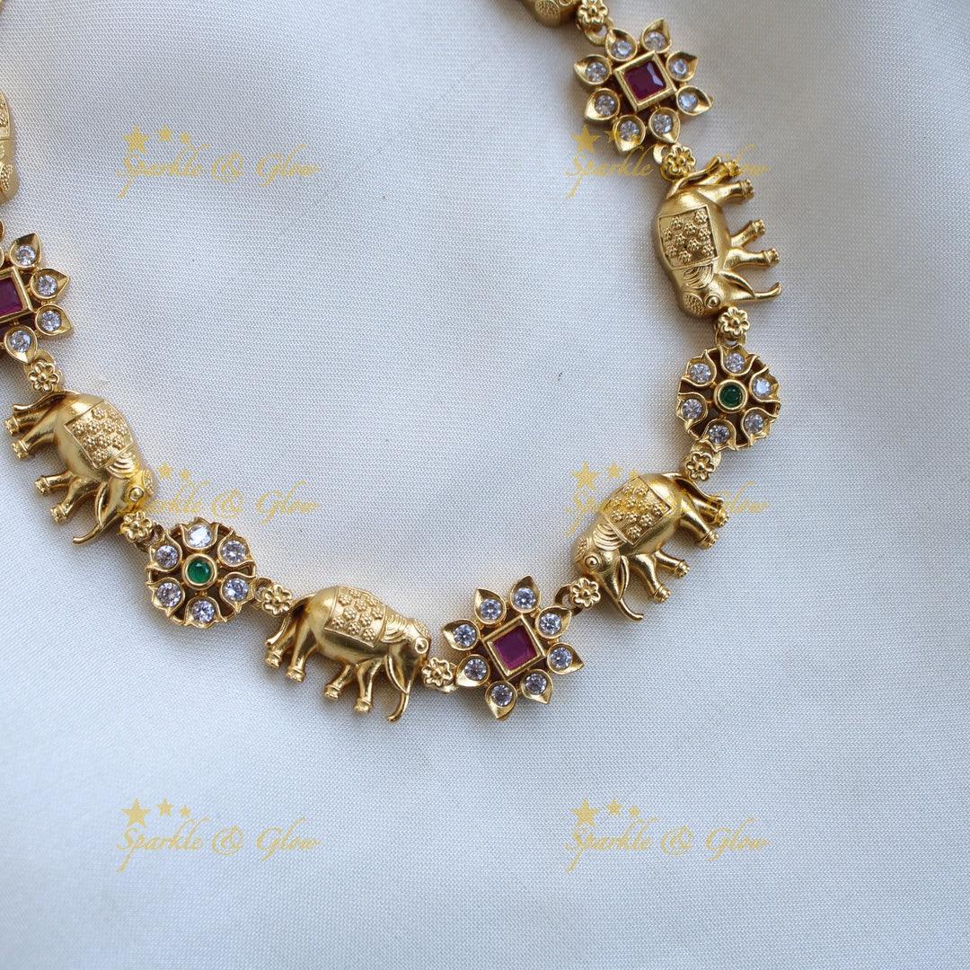 Elegant Premium Matt Elephant floral design short necklace with multi colour stones - Sparkle and Glow