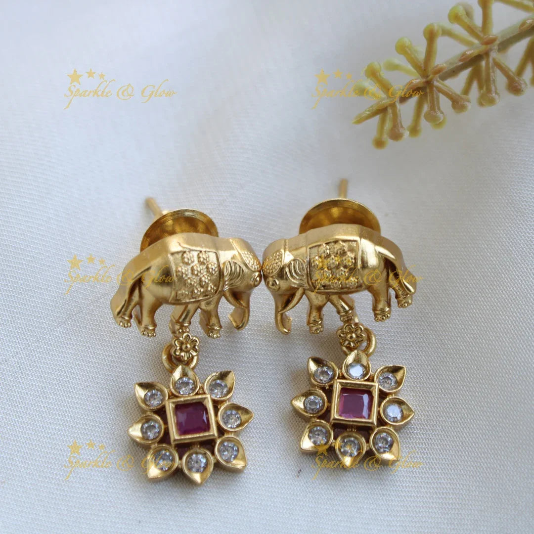 Elegant Premium Matt Elephant floral design short necklace with multi colour stones - Sparkle and Glow