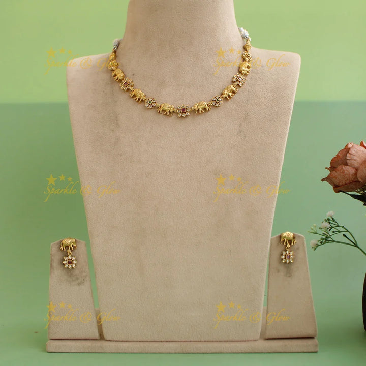 Elegant Premium Matt Elephant floral design short necklace with multi colour stones - Sparkle and Glow