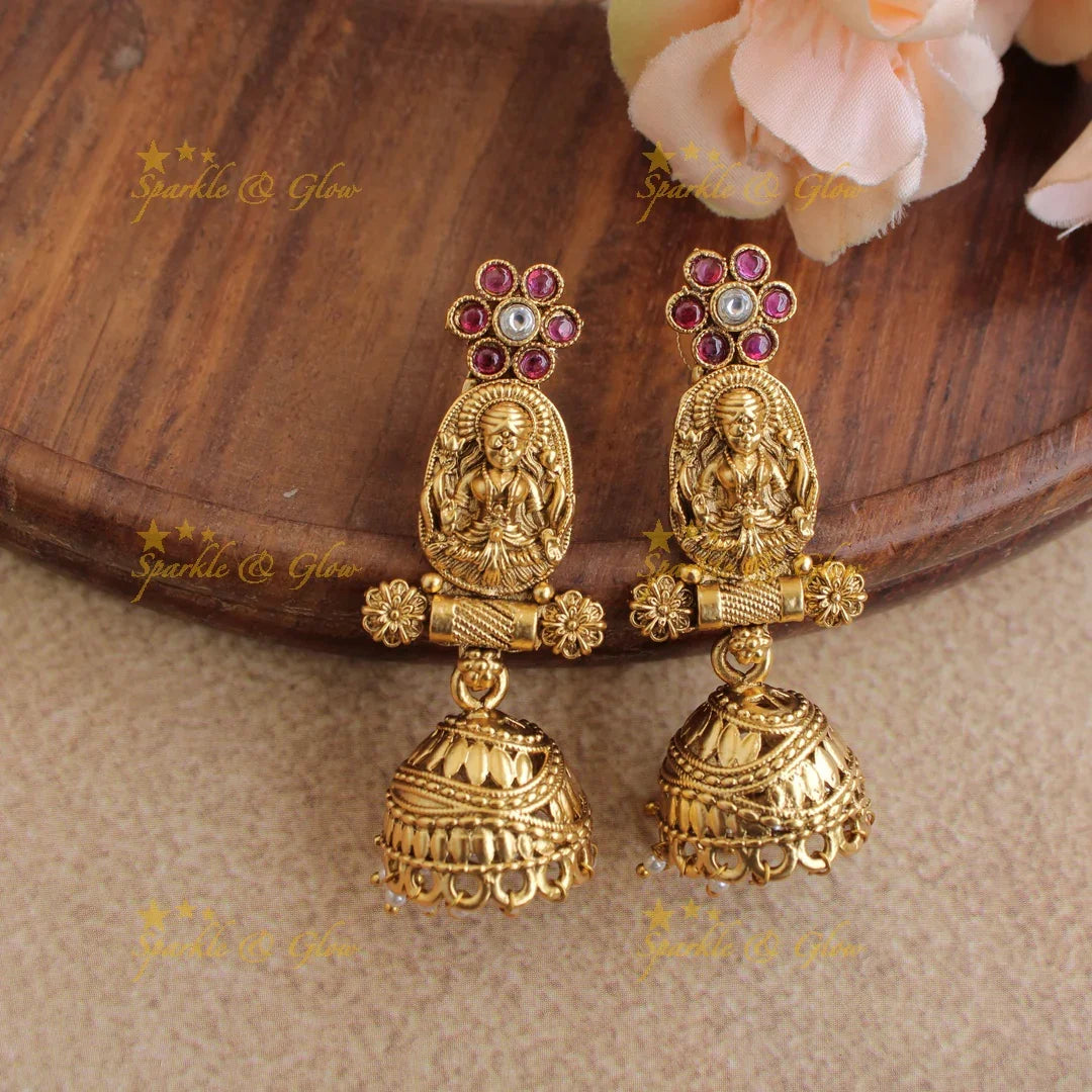 Gorgeous Lakshmi carved floral long necklace with ruby emerald and mint green beads - Sparkle and Glow