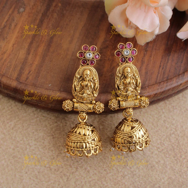 Gorgeous Lakshmi carved floral long necklace with ruby emerald and mint green beads - Sparkle and Glow