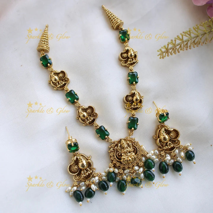Elegant Lakshmi peacock short necklace with emerald and green beads - Sparkle and Glow