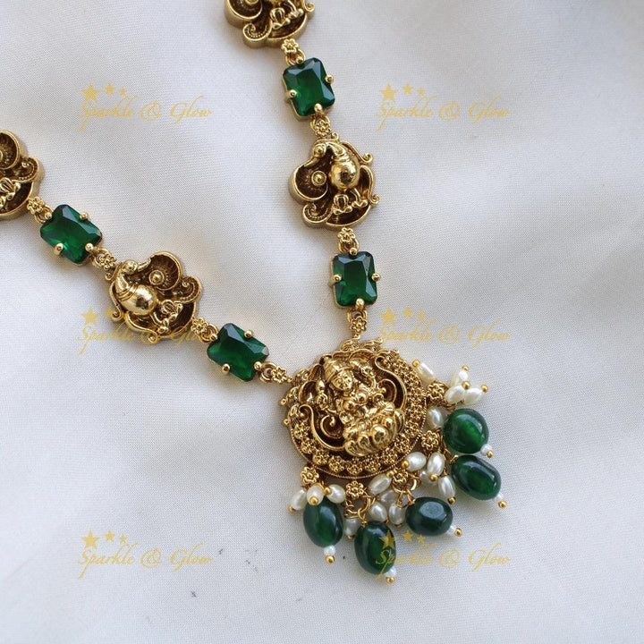Elegant Lakshmi peacock short necklace with emerald and green beads - Sparkle and Glow