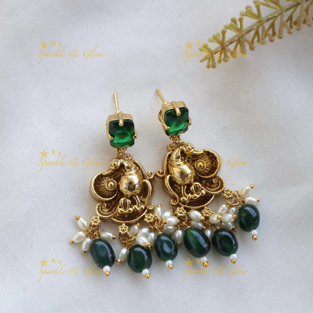 Elegant Lakshmi peacock short necklace with emerald and green beads - Sparkle and Glow