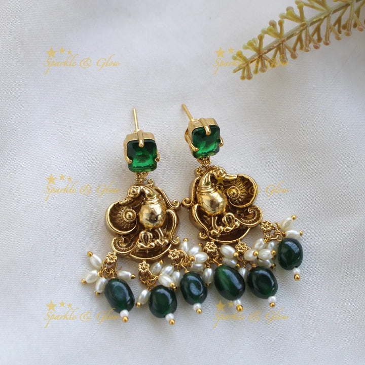 Elegant Lakshmi peacock short necklace with emerald and green beads - Sparkle and Glow