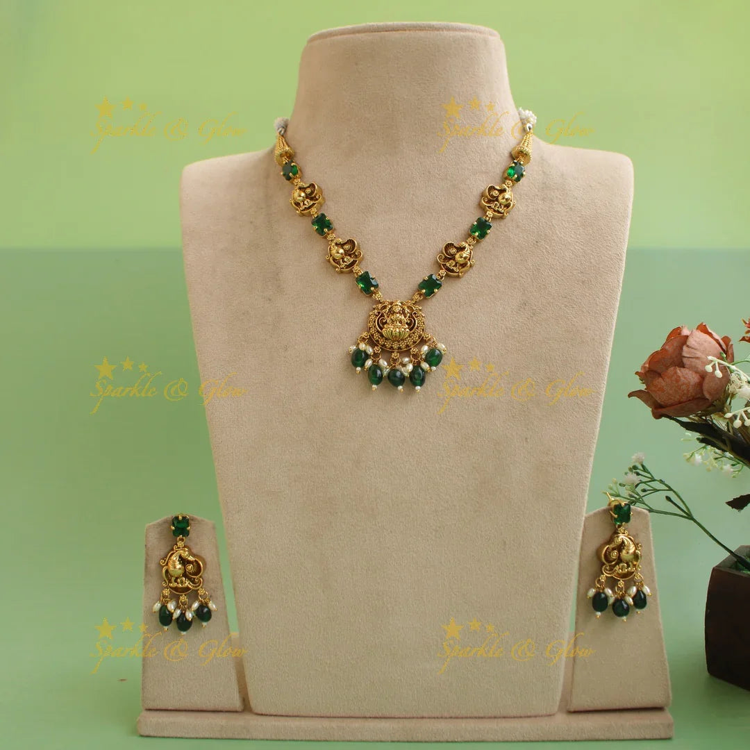 Elegant Lakshmi peacock short necklace with emerald and green beads - Sparkle and Glow