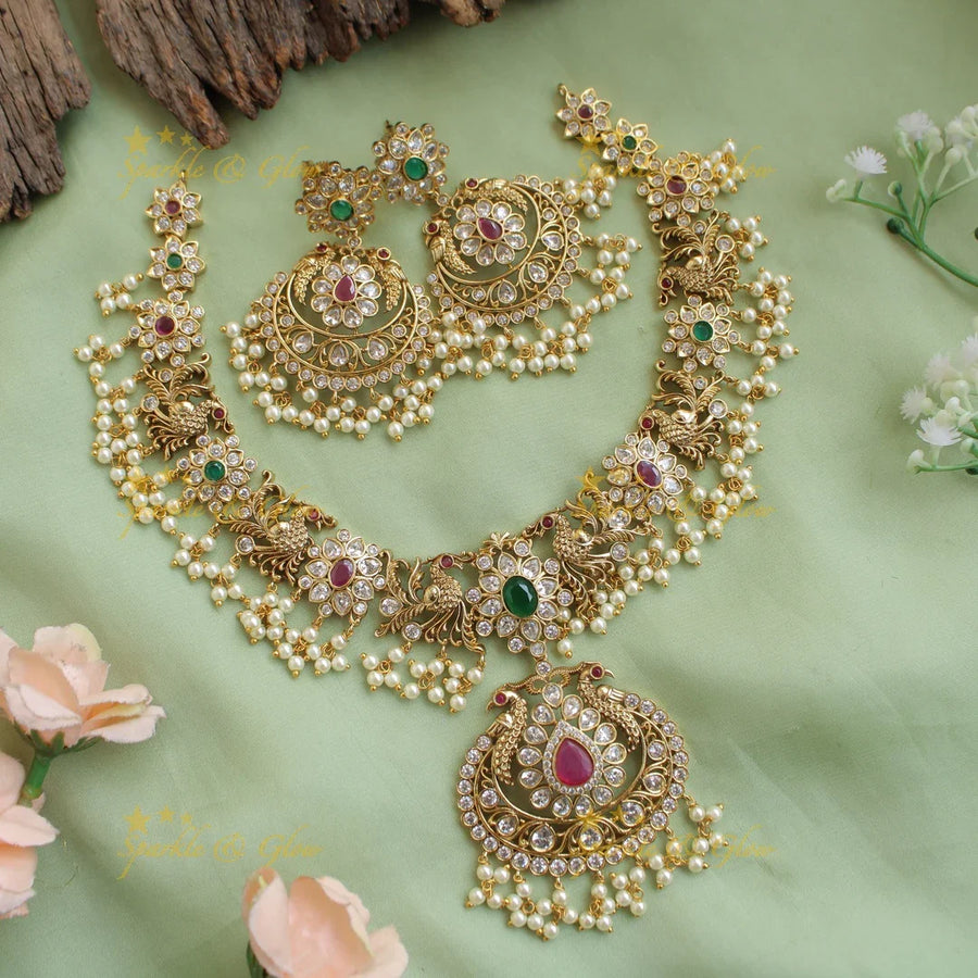 Premium Matt Peacock floral design gutta pusalu short necklace with CZ stones ruby and emerald - Sparkle and Glow