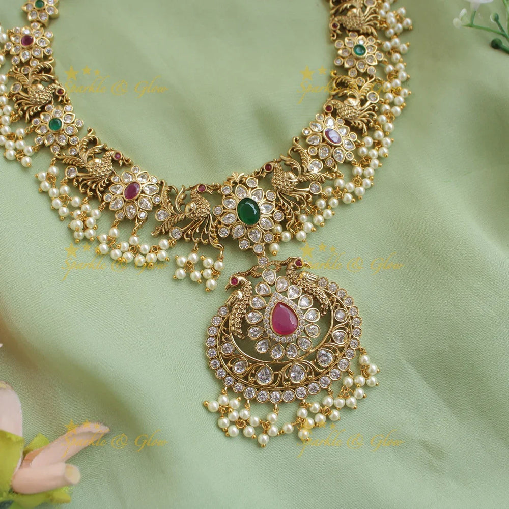Premium Matt Peacock floral design gutta pusalu short necklace with CZ stones ruby and emerald - Sparkle and Glow