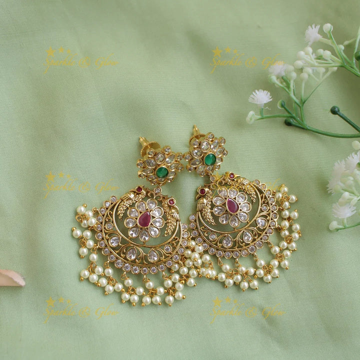 Premium Matt Peacock floral design gutta pusalu short necklace with CZ stones ruby and emerald - Sparkle and Glow