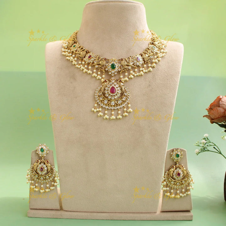 Premium Matt Peacock floral design gutta pusalu short necklace with CZ stones ruby and emerald - Sparkle and Glow